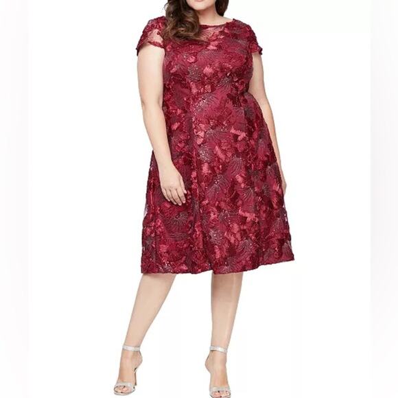 ALEX EVENINGS Plus Size Lace A-Line Dress Cranberry Women’s Sz 16W - Picture 1 of 9